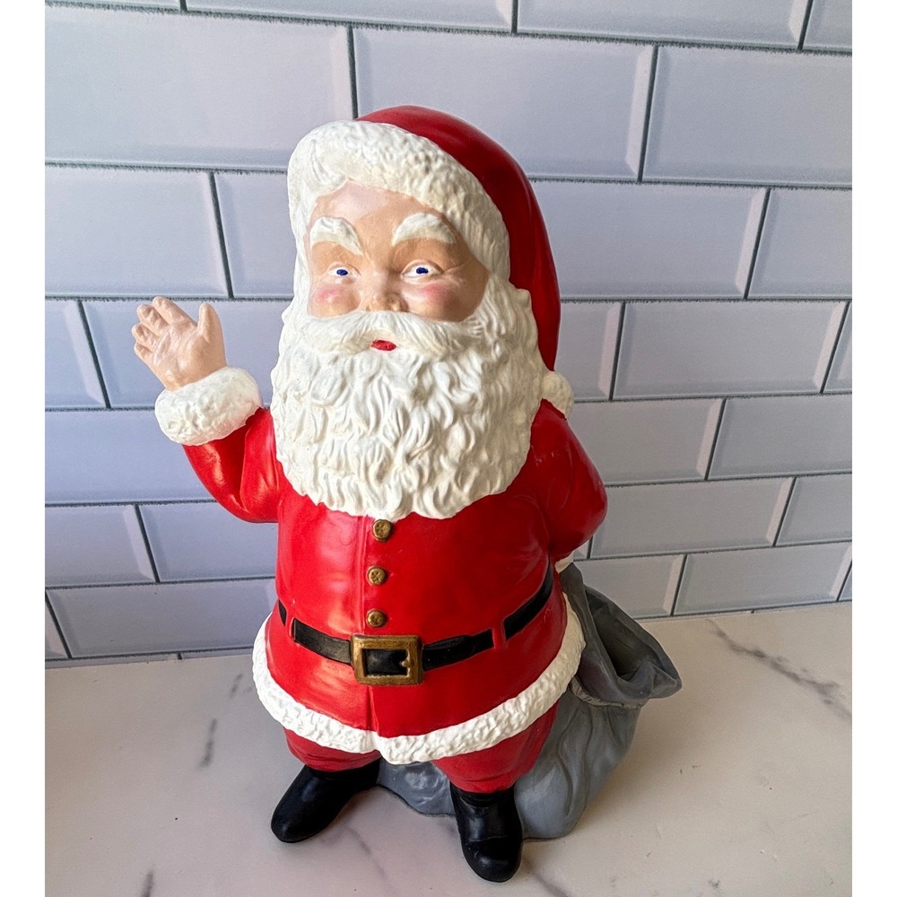 Vtg Santa Claus Ceramic Figurine Waving Candy Dish Toy Sack Christmas Decor 10"